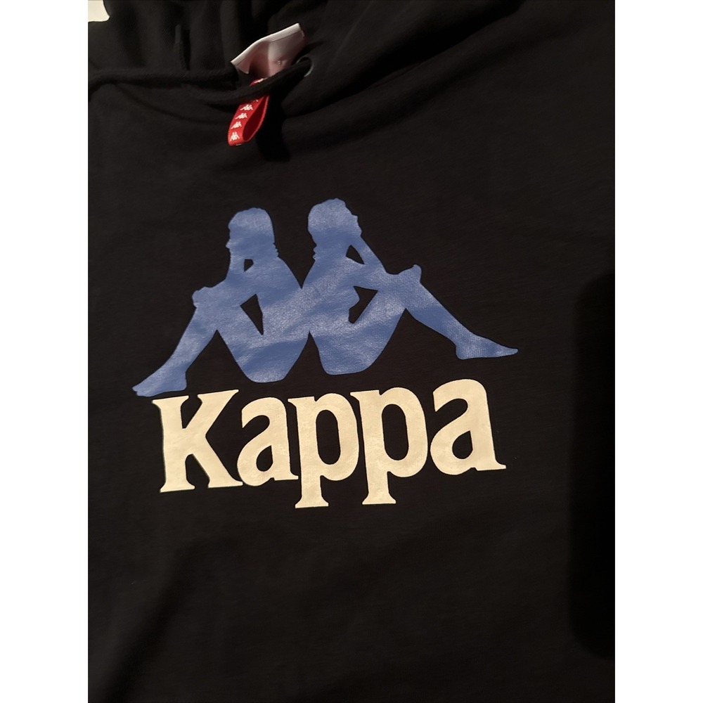 Kappa Men's L Black Blue Logo Pullover Hoodie Kangaroo Drawstring Streetwear